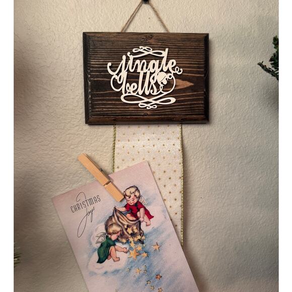 Holiday Card Holder Jingle Bells Wooden Topper with White Gold Ribbon - Picture 2 of 6